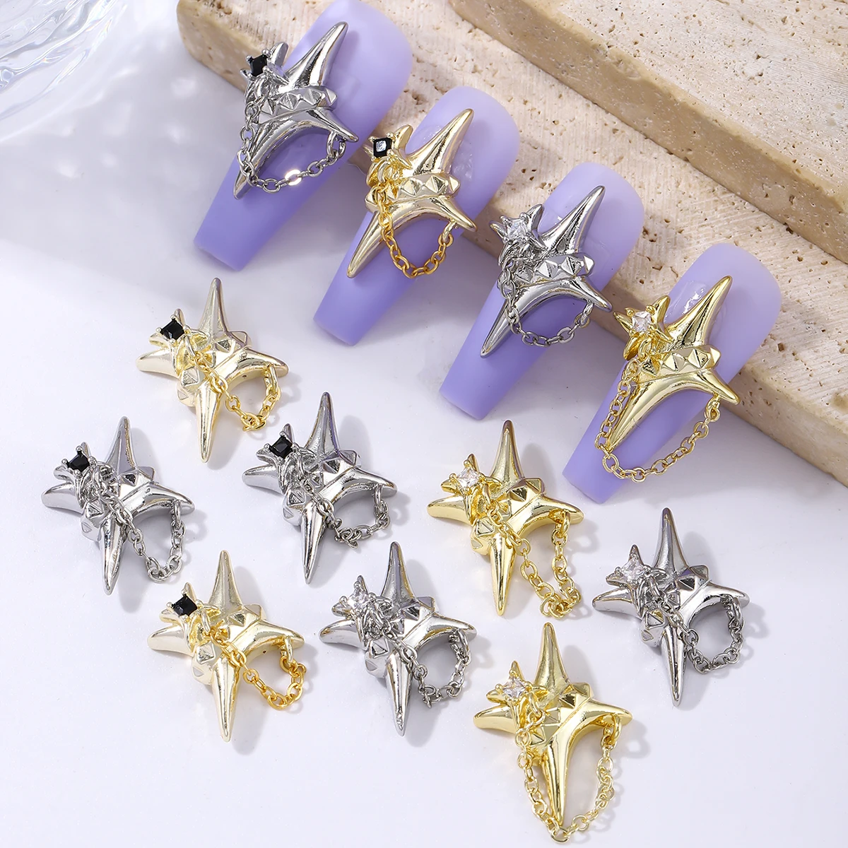 4 gold and silver stereo star chain pendant nail decoration, European and American style y2k metal diamond simple nail drill