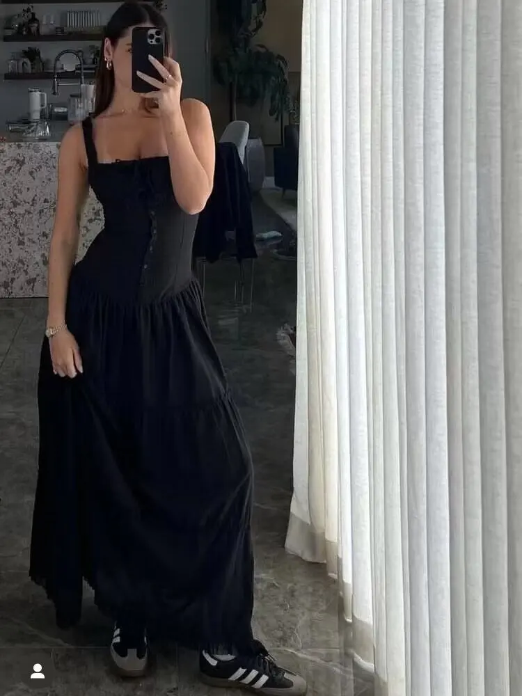 Romantyczna sukienka Godd Long Dr z kwadratowym dekoltem, na ramiączkach, wyszczuplająca, plisowana, idealna na wakacje, damska, w stylu francuskim, elegancka.