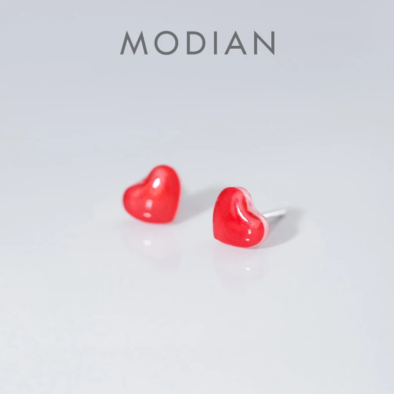 Modian Fashion 925 Sterling Silver Enamel Sweet Red Love Hearts Stud Earrings for Women Girl Lovely Mini Ear Pin Fine Jewelry
