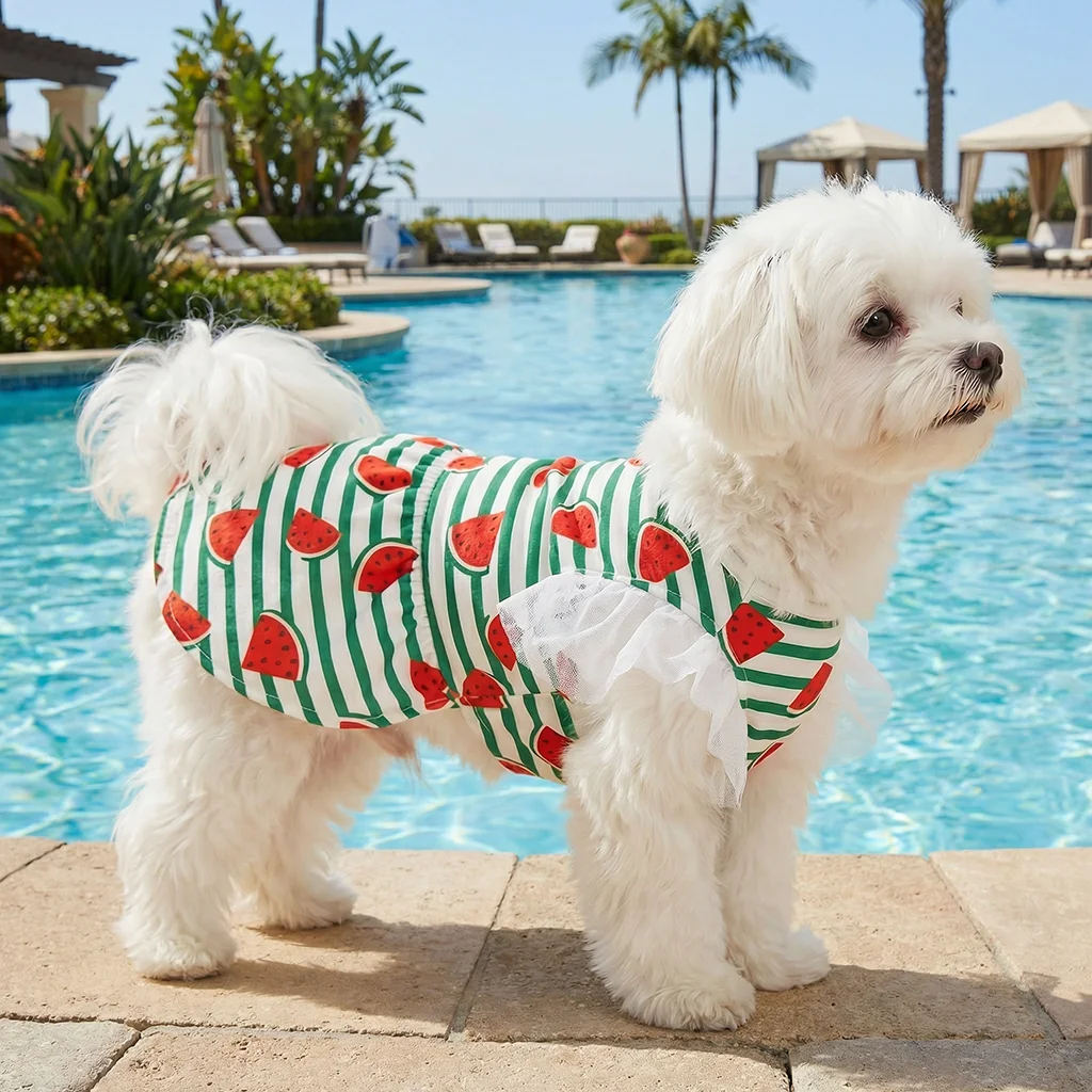 Vestido verano para perros manga corta estampado sandía verde y blanco - imagen 4