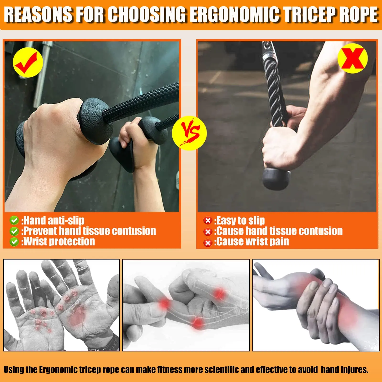 Ergonomic Triceps Rope Pull Down Attachment Anti-Slippery Natural Rubber Grip Non-Slip Handle DIY Pulley Cable Attachment