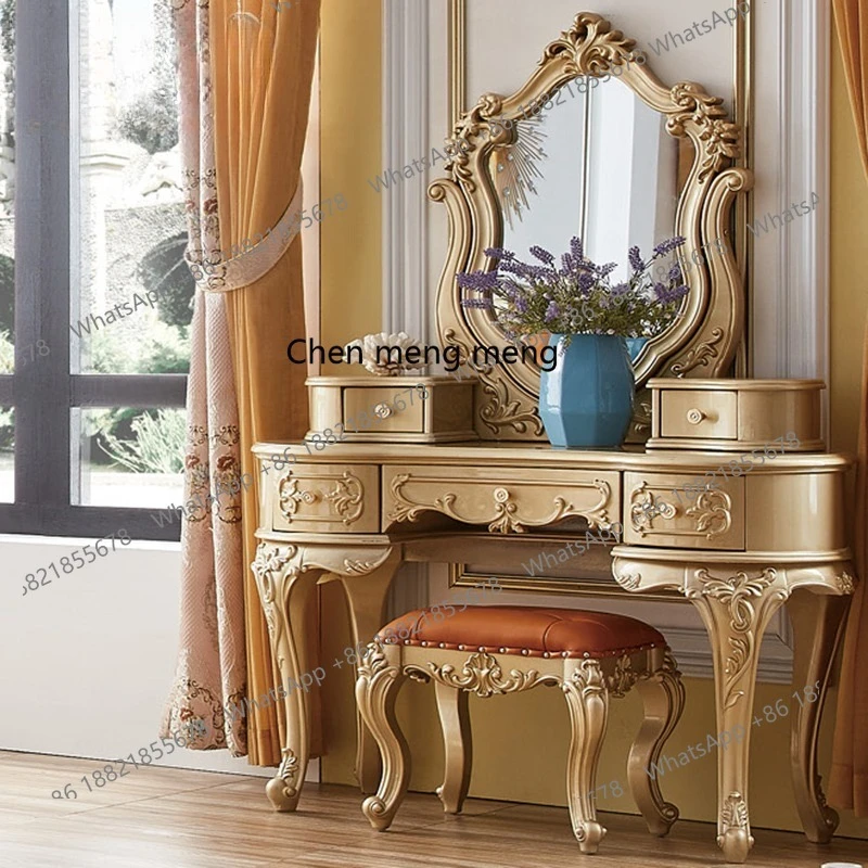 

European high-end dressing table 1.2m artistic shape solid wood carved makeup table combination furniture