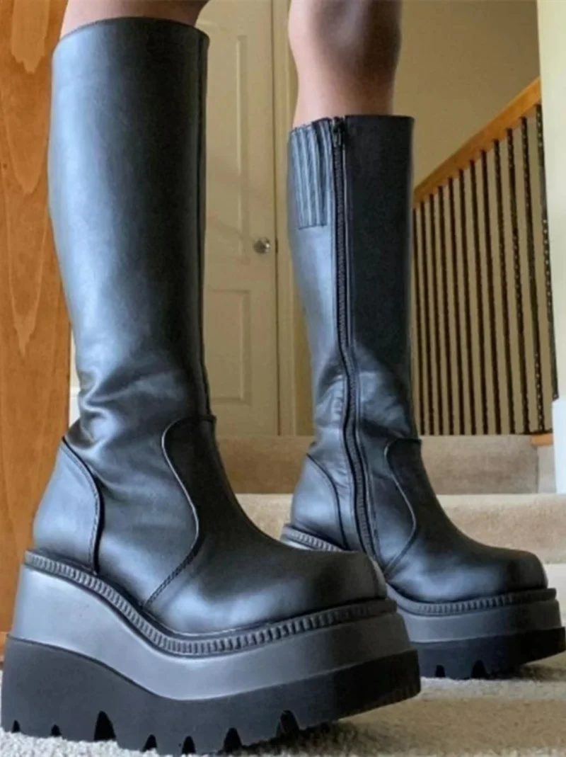 2023 New Fashion Platform Women Combat Winter Heels Quality Long Thigh High Zipper Knee High Boots Botas Mujer Platform Shoes