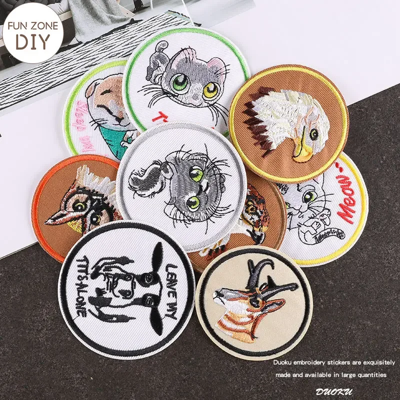 FZdiy Circular Eagle Cat Dog Embroidery  Iron on Patch Applique Clothing Sewing Supplies Decorative Patches Badges for Clothing