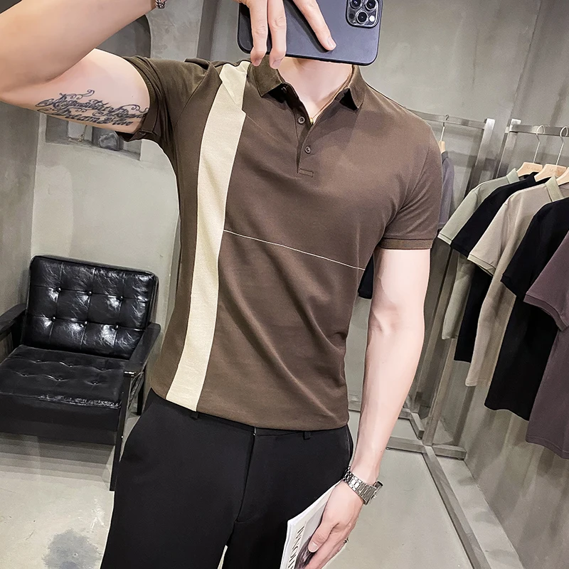 British Style Summer Men Polo Shirts Short Sleeve Solid Front Pocket Decor Korean Slim Fit Casual Polo Homme Streetwear 4XL