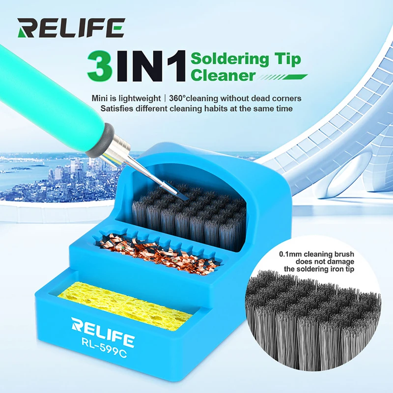 

RELIFE RL-599C 3-IN-1 Soldering Iron Tips Cleaner Cleaning Steel Brush/Copper Wire Ball/Sponge BGA Solder Welding Repair Tools