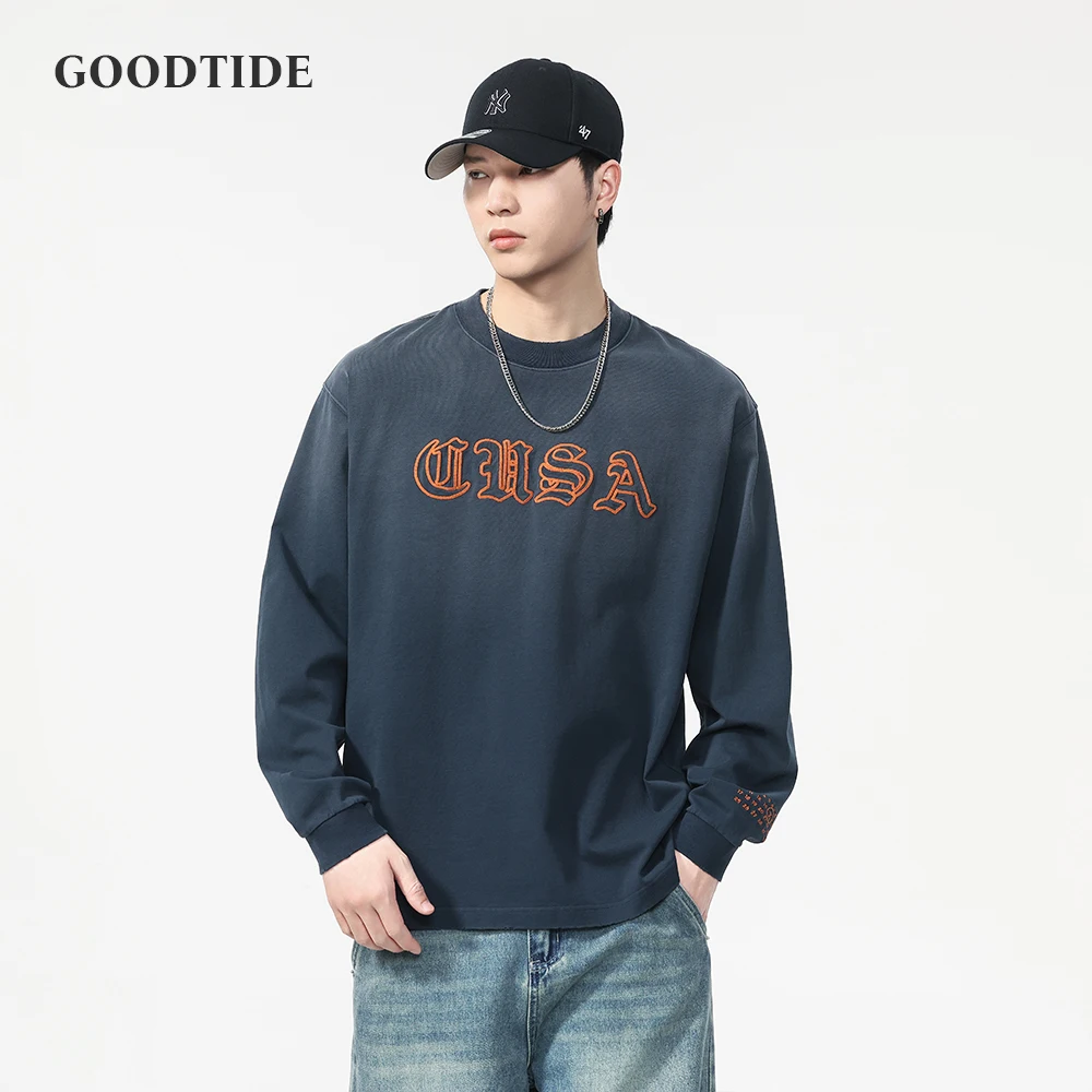 Fashion Men's Letter Embroidery Pattern T-shirt 2025 Spring And Autumn New Round Neck Loose Casual Long-sleeved Top Pullover