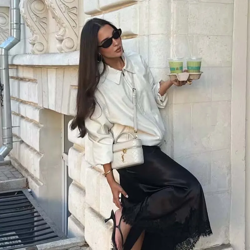 

YENKYE 2025 Women Long Sleeve Lapel Collar Bomber Jacket Front Zipper Elastic Hem Casual Loose Coat Autumn Winter Lady Outfits