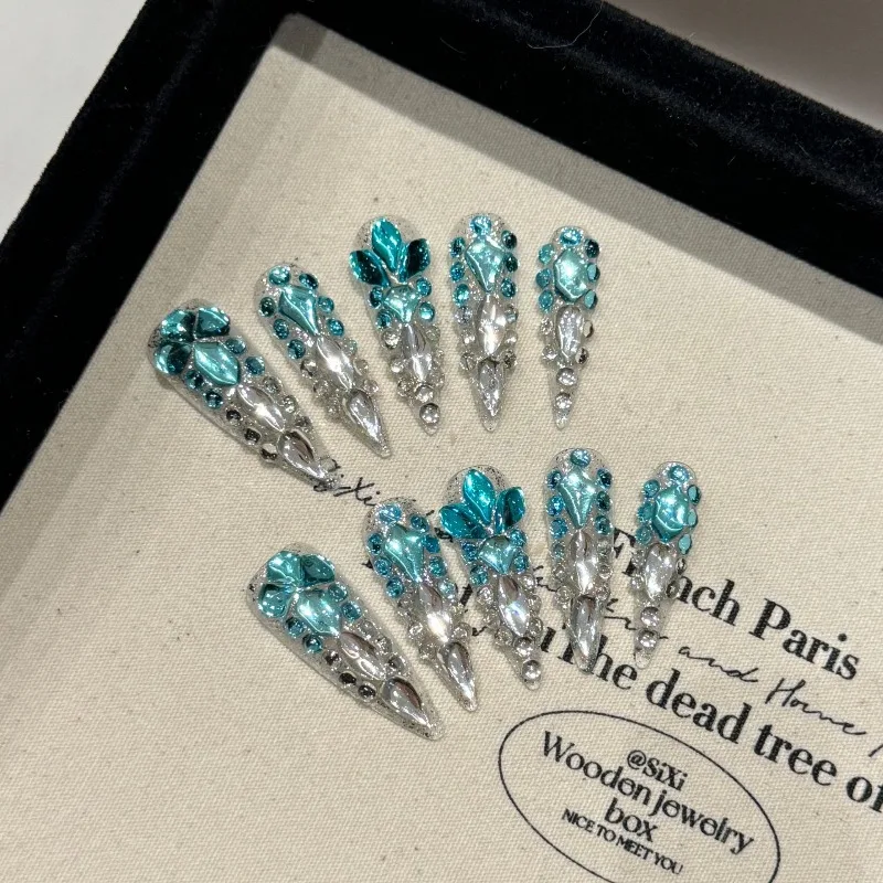 

10PCS Handmade Blue Ocean Crystal Nail Press on Nails Sparkling Full Diamond Design Luxury False Nails Underwater Theme Nail Art