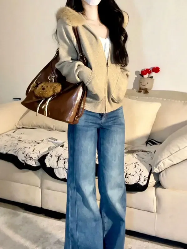 

Loose Long Sve Knitted Open Cardigan Top Korean Sle Spring Lazy Faion Hat Hooded Fur Collar Women's Sweater Jaet