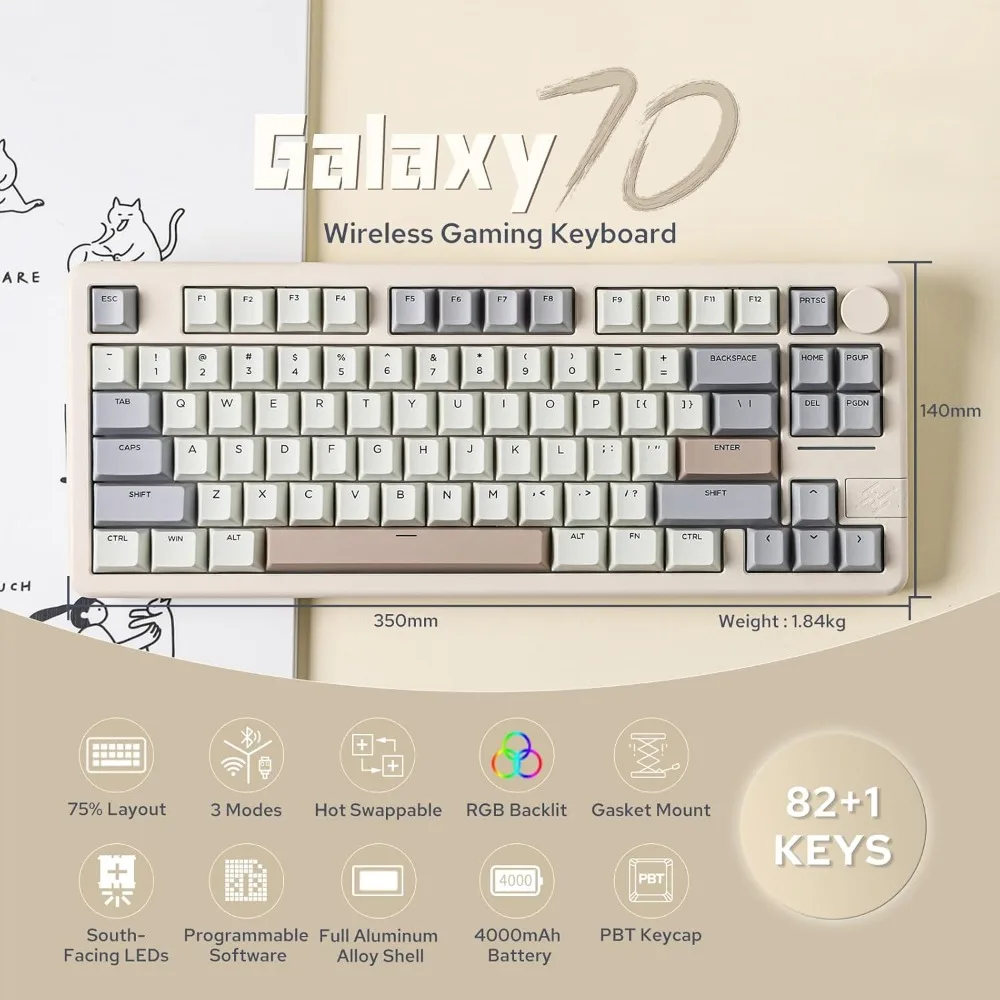 

Galaxy70 Wireless Gaming Keyboard, 75% Aluminium Mechanical Keyboard, Bluetooth 5.0/2.4GHz/USB-C Wired