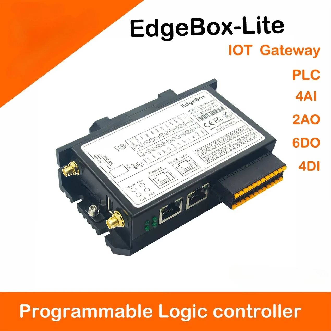 Edgebox-ESP PLC Controller IOT Gateway SCADA WIFI BLE Cellular 4G LTE Ethenet CAN RS485 Industrial PROGRAMMABLE Logic Controller