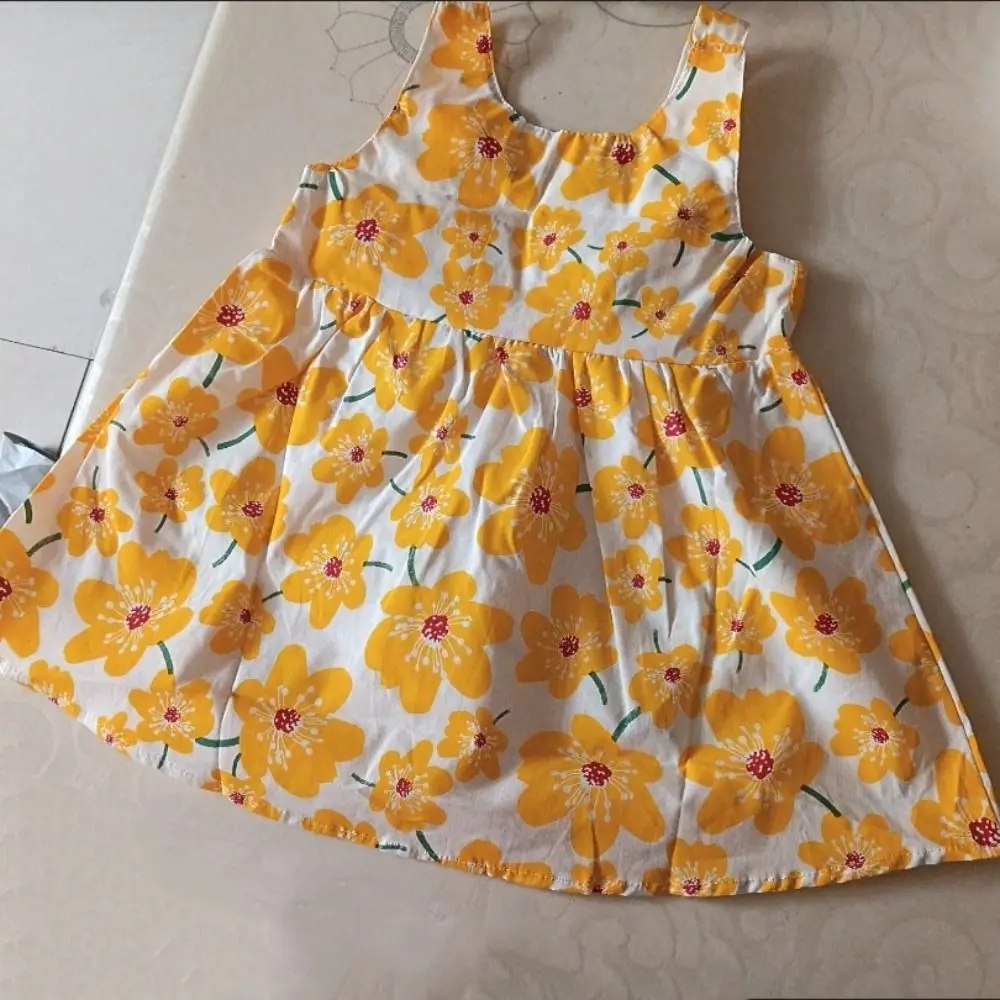 Elegant Bowknot Baby Girl Princess Dress Summer Cotton Floral Dress with Hat Loose Sweet Flower Dress Birthday Gift