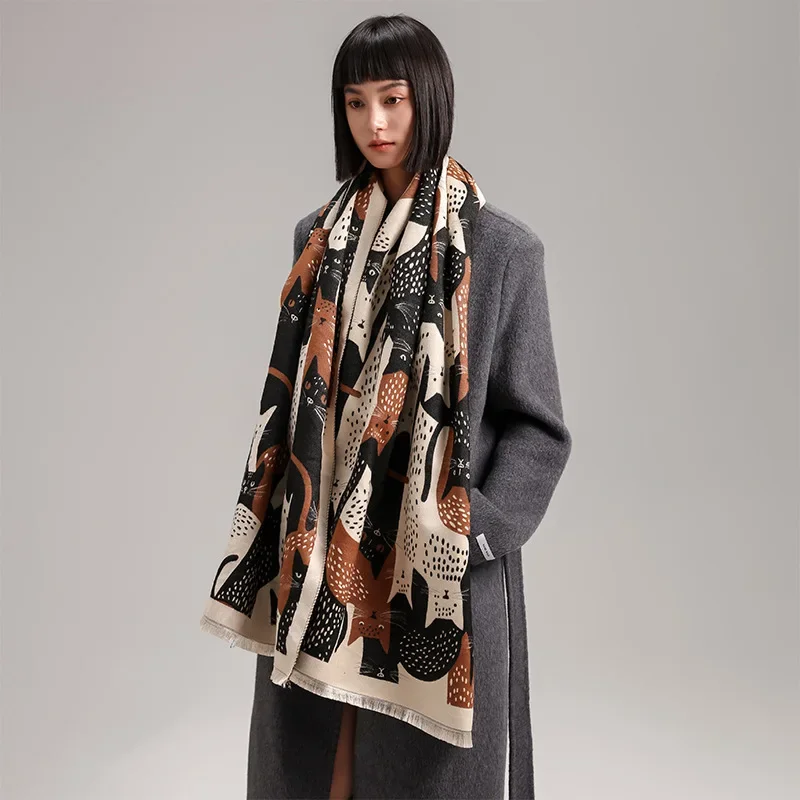 

Luxury Female Pashmina Autumn Winter Thick Warmth Double Sided Cat Print Tassel Shawl Coldproof Windproof Travel Blanket Scarf