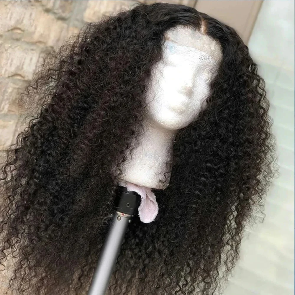 Wig 26 inci panjang lembut tanpa lem bagian dalam menutupi 180 kepadatan keriting hitam renda depan Wig untuk wanita Babyhair harian