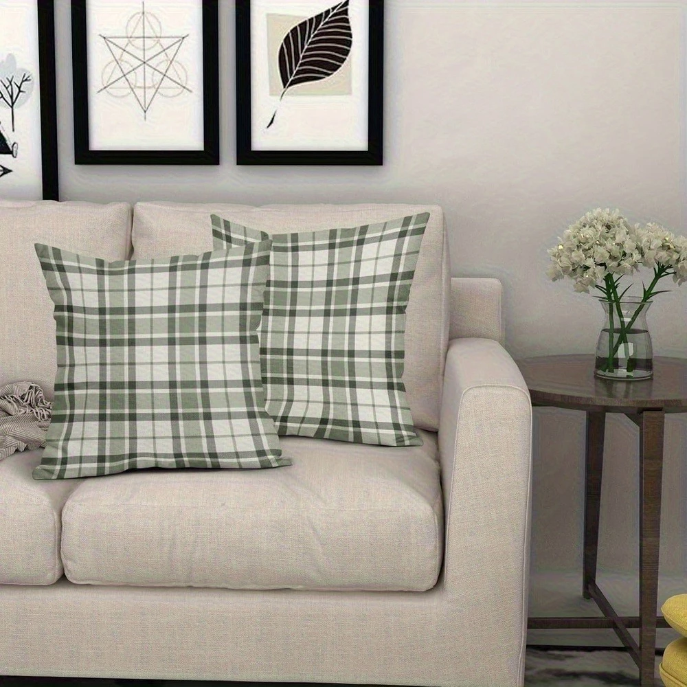 2pc Set of 2 Sage Green Plaid Throw Pillow Covers Farmhouse Cottage Style Decorative Cushion Cases for Sofa Bedroom