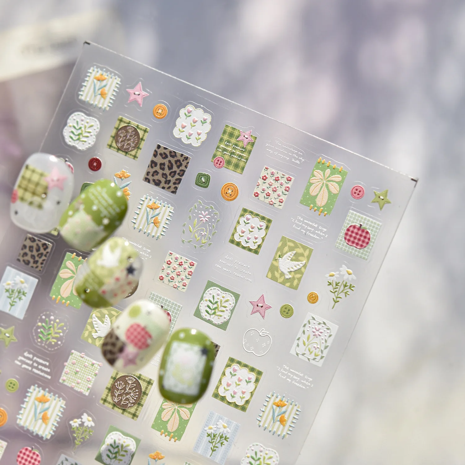 Cute Cartoon Tea Cup Green Plants Flower Nail Art Stickers 3D Embossed Self-adhesive Nail Art Stickers DIY Manicure Accessories