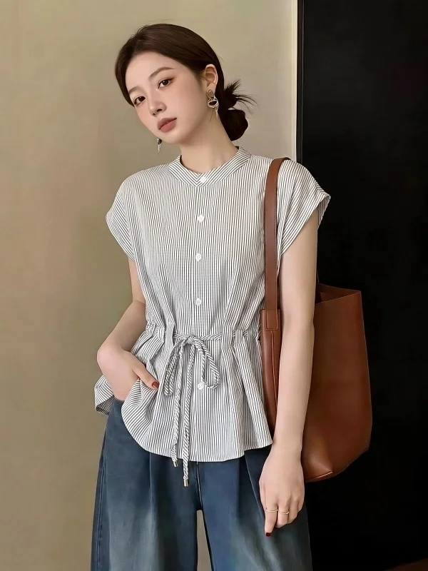 

Blue Striped Short Sleeve Shirt Women's Drawstring Waist Slimming Top Summer New plus Size Korean Style Commute Wind Loose Fit