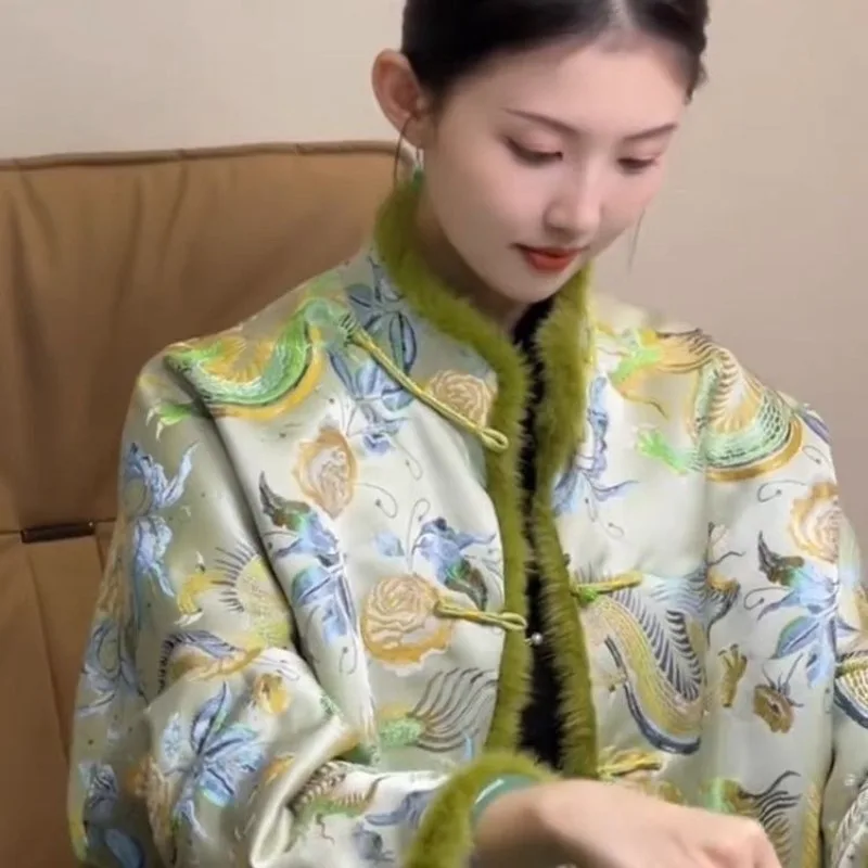 

New Chinese Style Green Jacquard Down Cotton-padded Clothes for Women Popular Winter High-end Sense Super Good-looking Thick Top