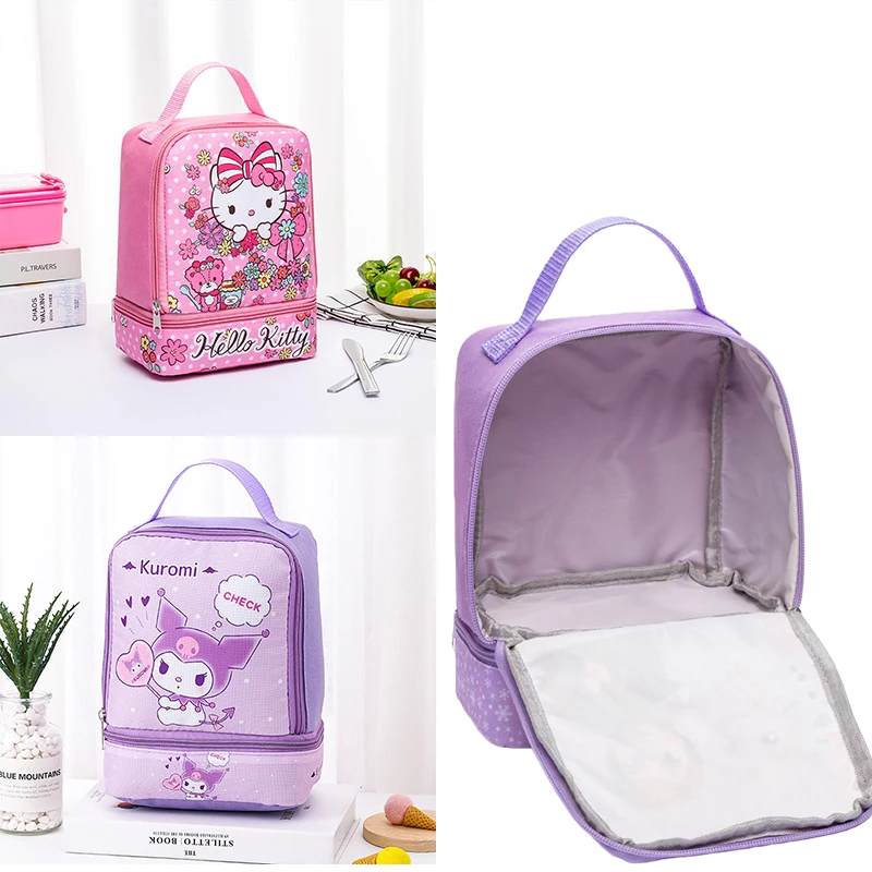 

Sanrio Kuromi студенческий обед двухслойный ручной ланч-бокс сумка аниме детские фруктовые закуски молочный ланч-бокс сумка для хранения подарки