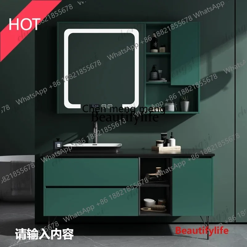 03 Solid Wood Bathroom Cabinet Smart LED Touch Screen Mirror Combination Washbasin Modern Hand Wash Pool Simple Bathroom Toilet