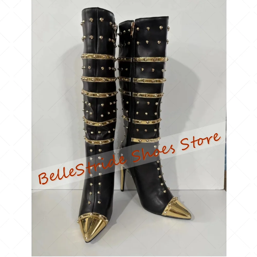 Black Rivets Side Zipper Decor Boots Pointed Toe Women Shoes Stilettos High Heels Party Banquet Dating 2025 Zapatos Para Mujere