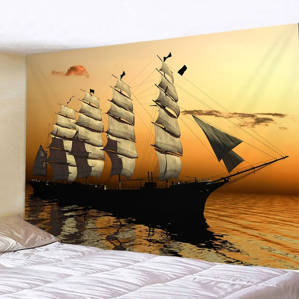 Beautiful Sea Sunset Nautical Tapestry Hippie Retro Pirate Ship Rune Skull Wall Hanging Psychedelic Home Room Decoration