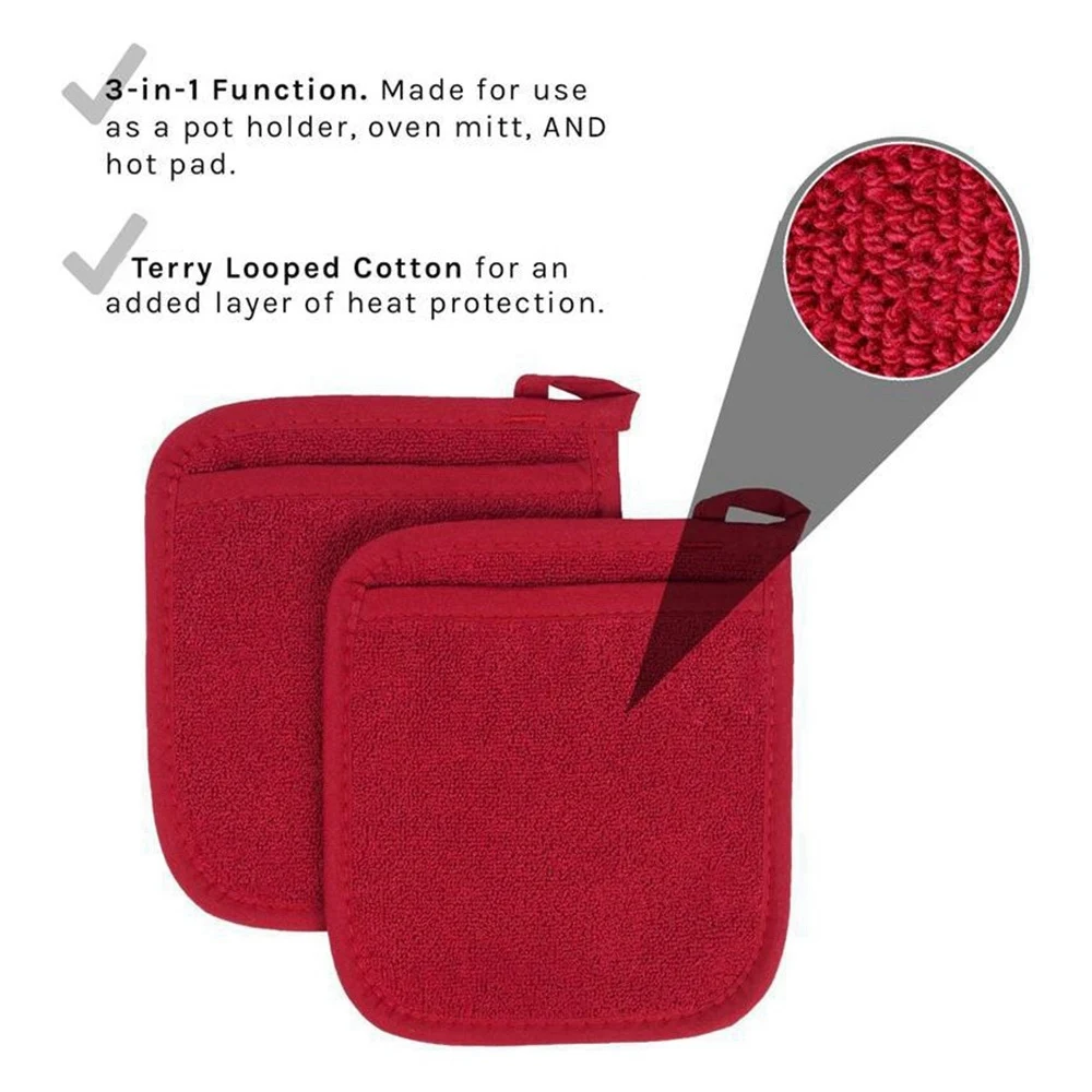 4Pcs Pot Mat Cotton Cloth Pot Holders Looped Gloves Terry Pot Kitchen Holders Cushion Pocket Tool Potholder Gloves Red