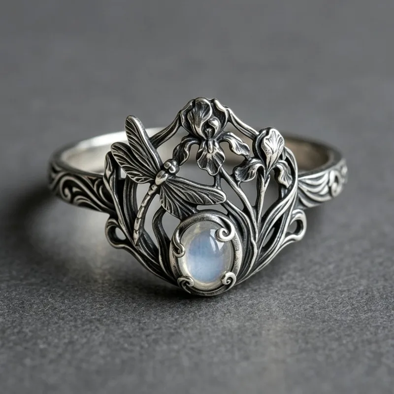 Jianjie Ethnic Style Retro Dragonfly Flower Carving Rings for Women Moon Stone Inlay Hollow Daily Fashion Jewelry Accessories