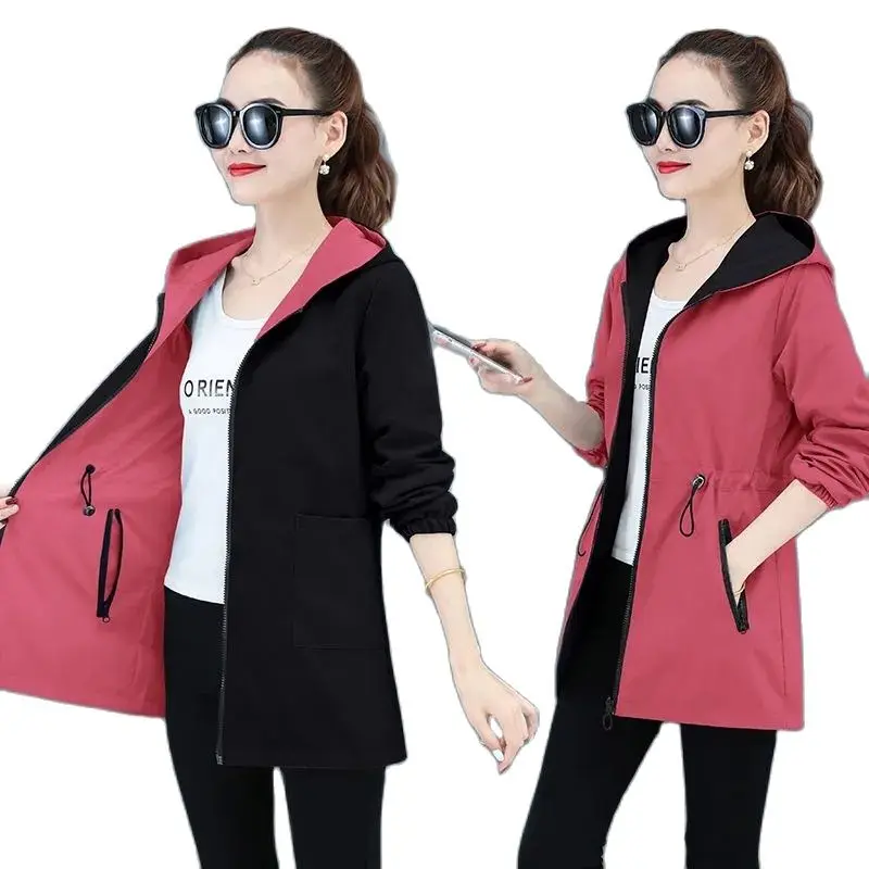 

2023 New Spring Autumn Women Coat Double-Sided Windbreaker Long-Sleeved Outcoat Hooded Casual Basic Leisure Loose Female Coat