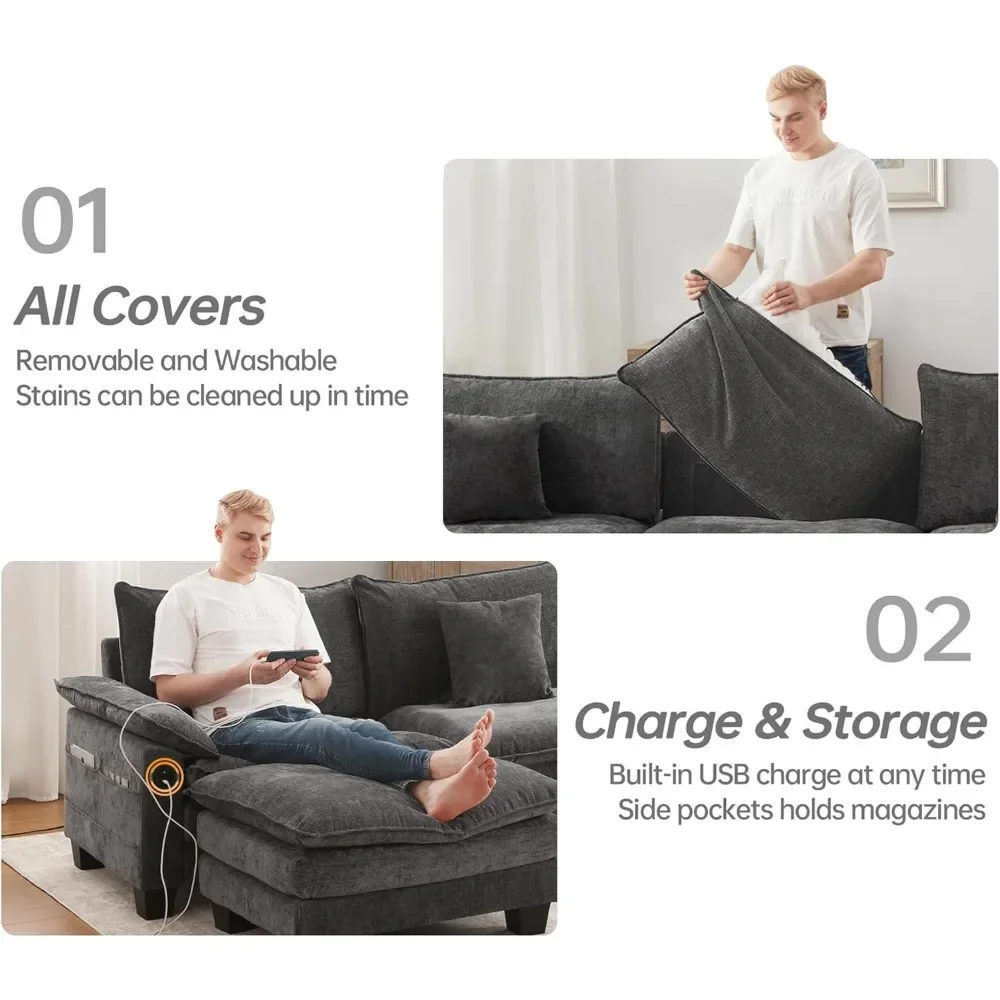 Modular Sectional Sofa 144'' Chenille Cloud Couch L Shaped 4-Seater Sectional Couches with Movable Ottoman, USB,Sectionals Sofa