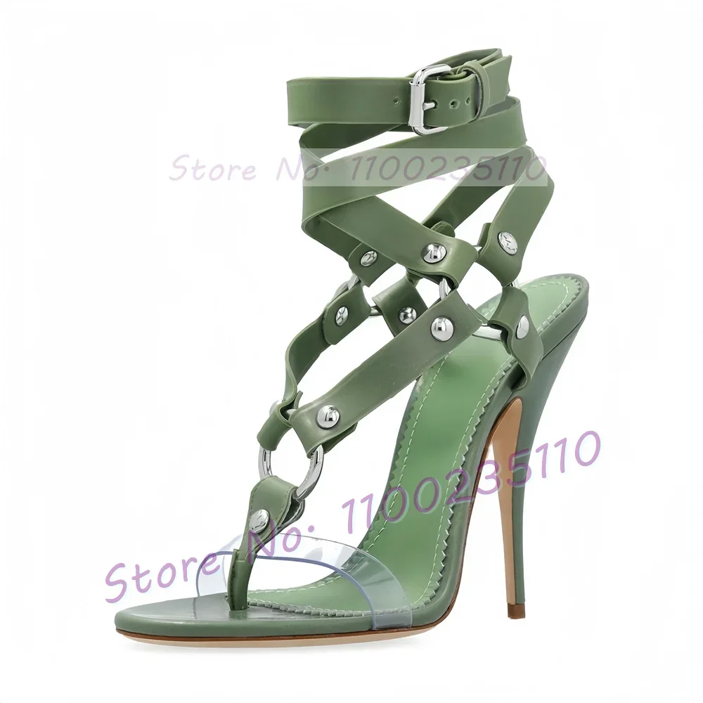 Green Buckle Cross Strap Heeled Sandals Women Open Toe Metal Rivets Flip-flops Ladies Luxury Summer Ankle Strap Stiletto Shoes view 6