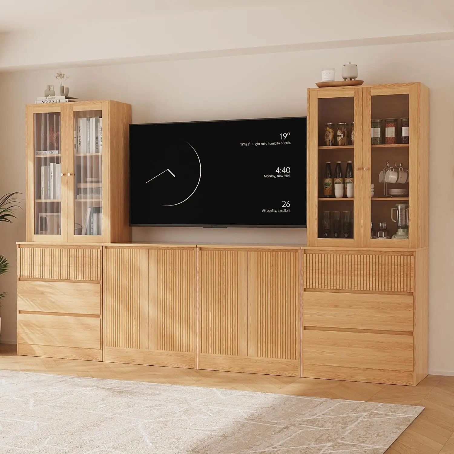 Large TV Stand Bookshelves 75" TV, Glass Doors Shelves Entertainment Center 2 Cabinets Living Room, Customized - view 2