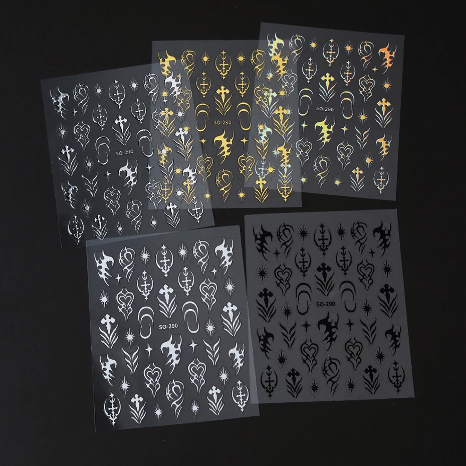 5 pcs Gothic Silvery Golden Metal Line Nail Stickers Black White Heart Stars Adhesive Nail Designs Y2K Laser Wave Nail Decor