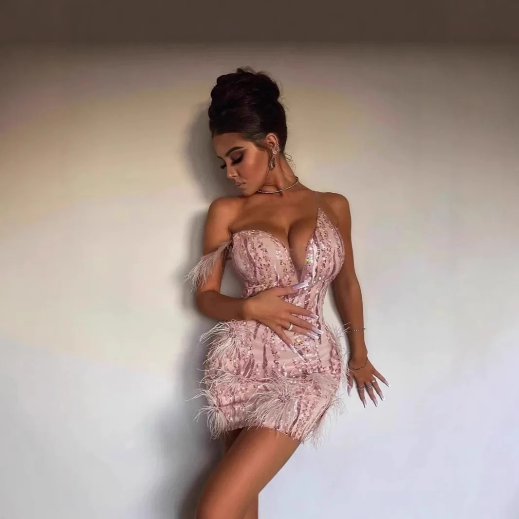 

Women Summer Dresses Ostrich Fur Fashionable Deep V-neck Short Dress Evening Dresses Elegant Party Dresses Sequin Dresses