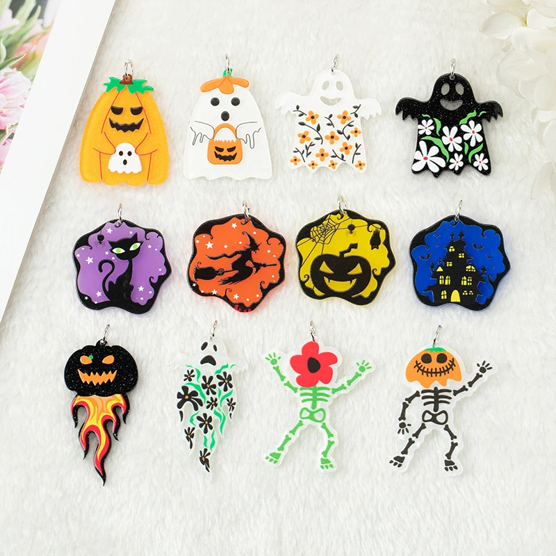 12pcs Halloween Ghost Charms Acrylic Pumpkin Cat Pendant For Necklace Keychain Diy Making Accessories