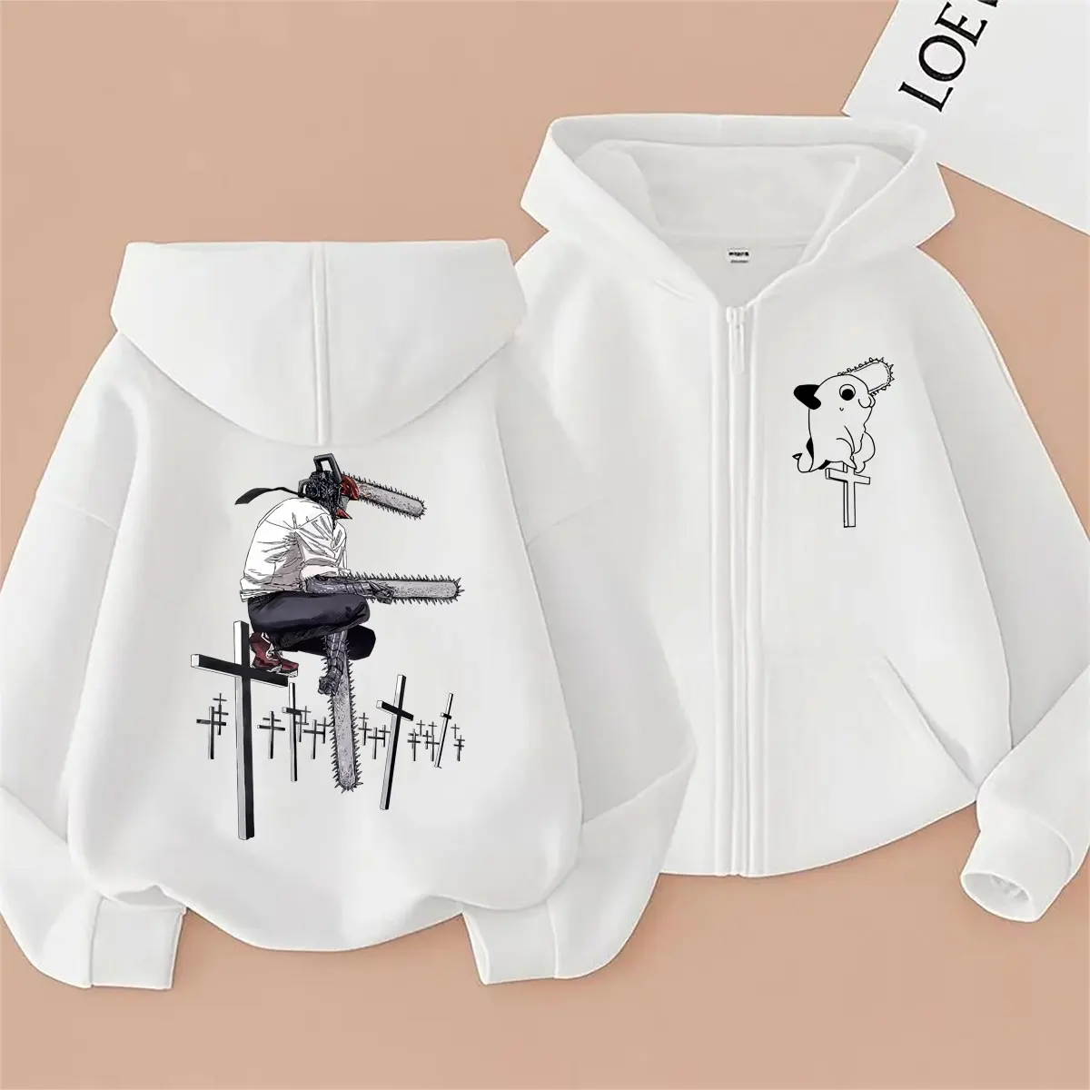 Moletom com Zíper Anime Chainsaw Man, Jaqueta Divertida de Cosplay com Personagens Denji e Pochita, Moletom Oversized para Homens e Mulheres, Streetwe