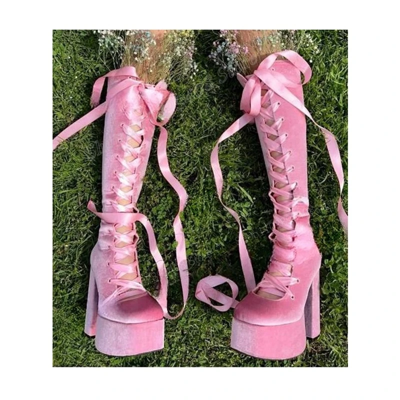 

Pink Suede Water Platform Knee High Boots Round Toe Cross Tied Hollow Chunky Heel Women Shoes 2023 Fashion Zapatos Para Mujere