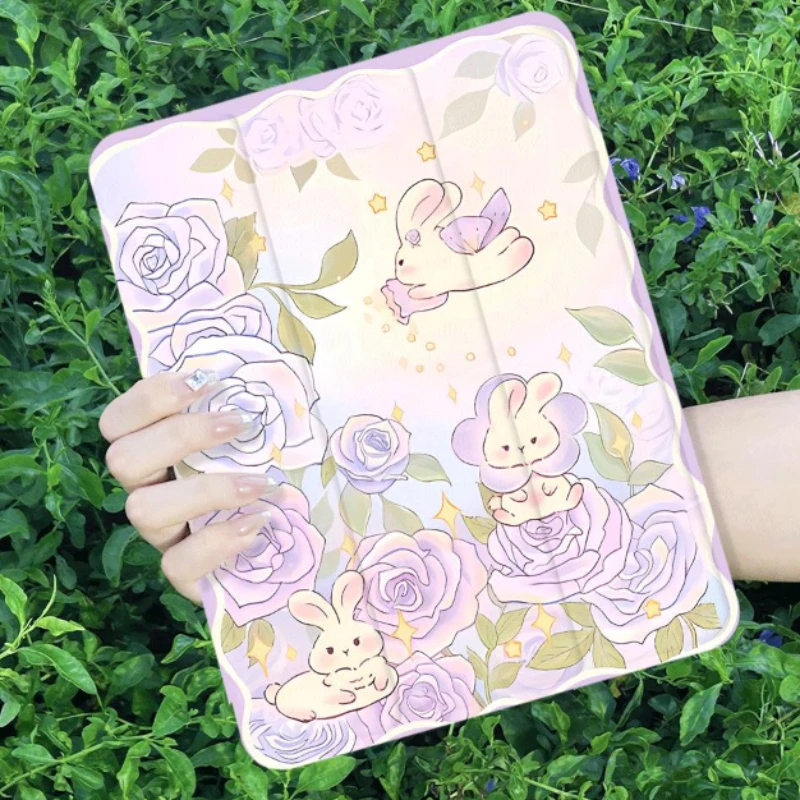 PU Acrylic Cover for Ipad Mini6 8.3 9.7 5th 6th Gen Ipad Air 3 Generation 2019 IPad Air 5 Air 4 10.9 Exquisite Purple Rose Bunny