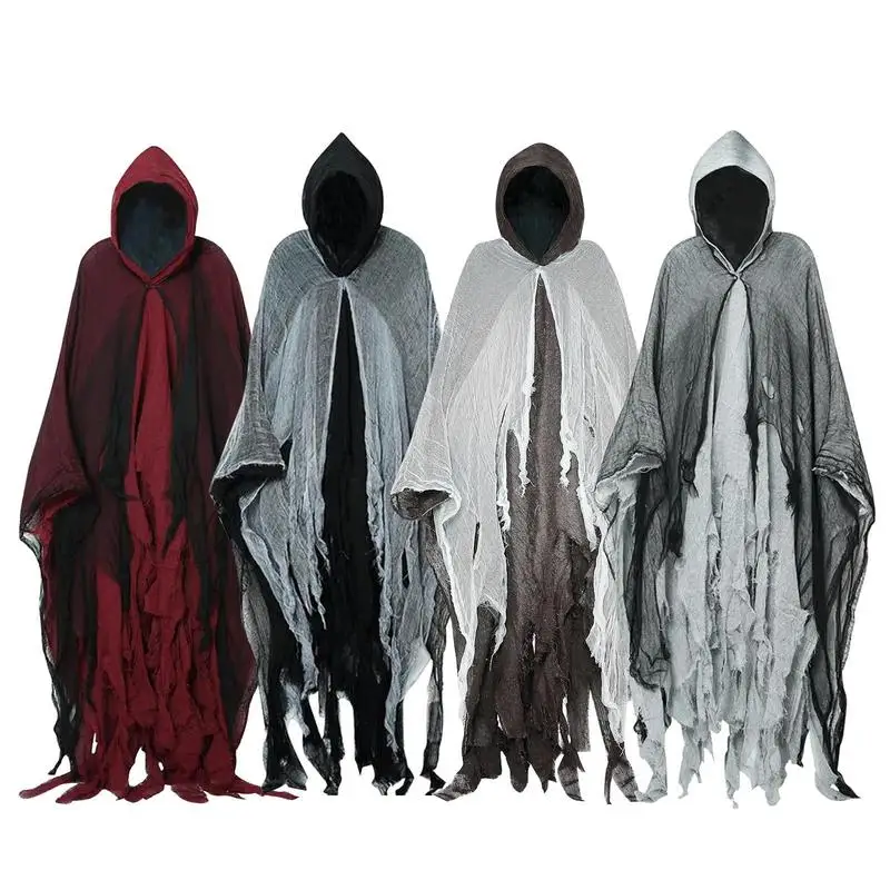 

Scary Halloween Cloak Unisex Halloween Hooded Cloak Adult's Hooded White Mesh Design Dress Up Cape Props For Parties Aventts