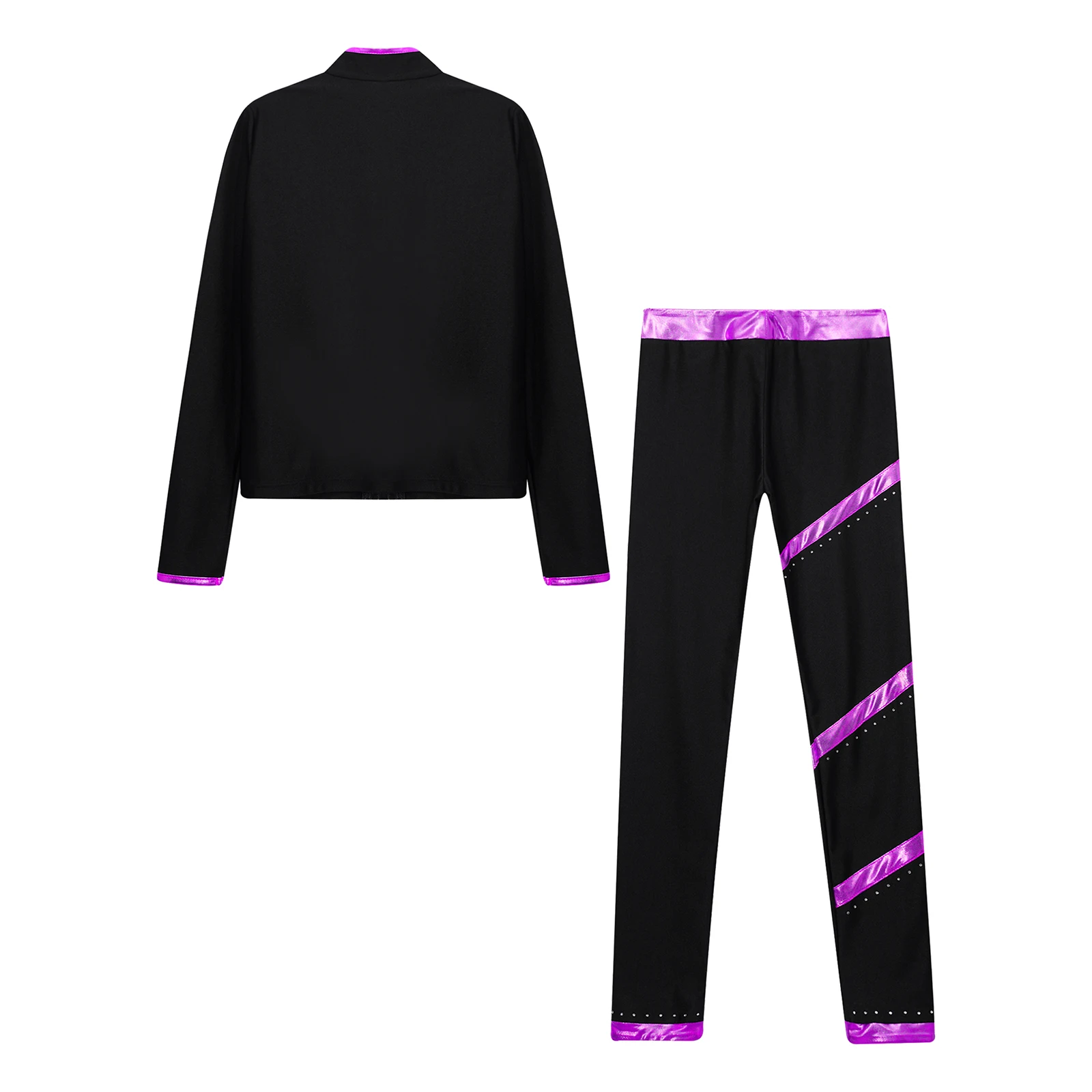 Kids Girls Figure Skating Dance Costume Gymnastics Acrobatics Performance Outfits Metallic Striped Long Sleeve Jacket with Pants