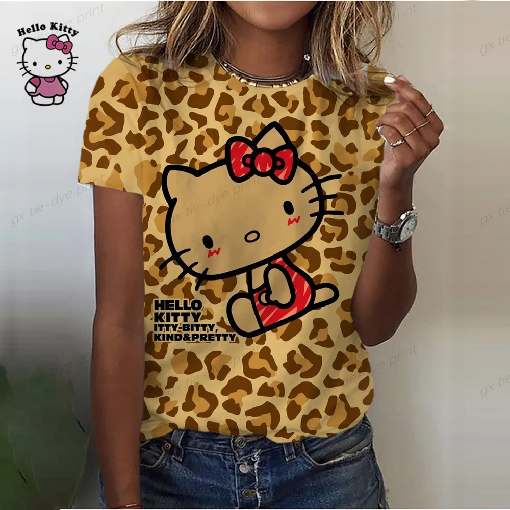 

O-Neck T-Shirts For Women Hello Kitty Leopard Print Tops Tees Casual Street Femalewear Summer Fashion T-Shirt Lady Y2k Clothing