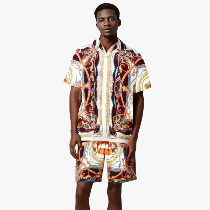 Mens Sets Fashion Luxury Golden Chain Floral Printed Summer Outfits Beach Hawaiian Suit Men's Short Sleeve Shirt 2 Piece Set