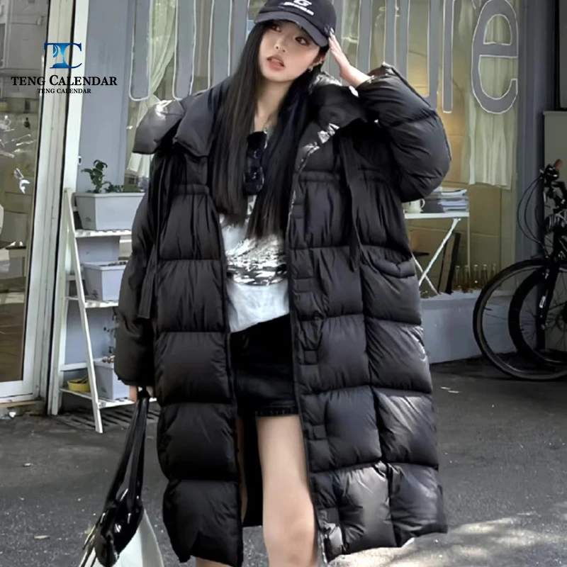 Puff ribbon duvet down jacket, medium length hooded thick Korean loose jacket, women's 2025 winter new style