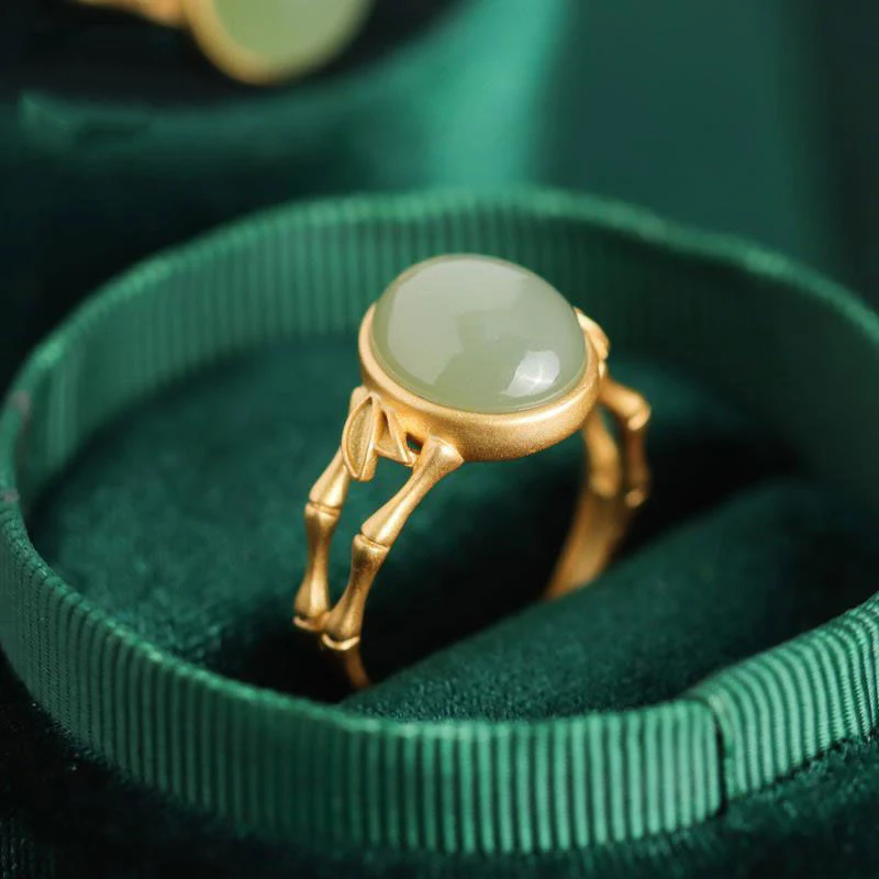 Ancient Gold Craft Inlaid Natural Hetian Green Jade Oval Bamboo rings for women Elegant Classical Ladies Silver Jewelry Open