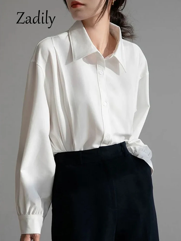 Zadily 2024 Autumn Office Lady Women White Basic Shirt Button Up Long Sleeve Turn-Down Collar Loose Blouse Work Female Clothing