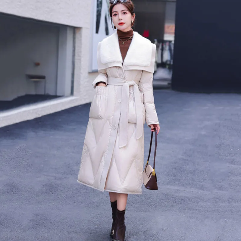 New Double-Sided Cashmere Splicing Large Lapel Down Jacket Women Winter Snow 90 White Duck Down Coat Female Casual Long Overcoat