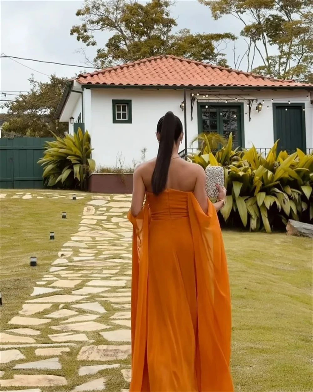 Customized Orange Off Shoulder Shawl Prom Dresses Sleeveless  vestidos de noiva Draped Strapless Evening Dress 2025 image 2