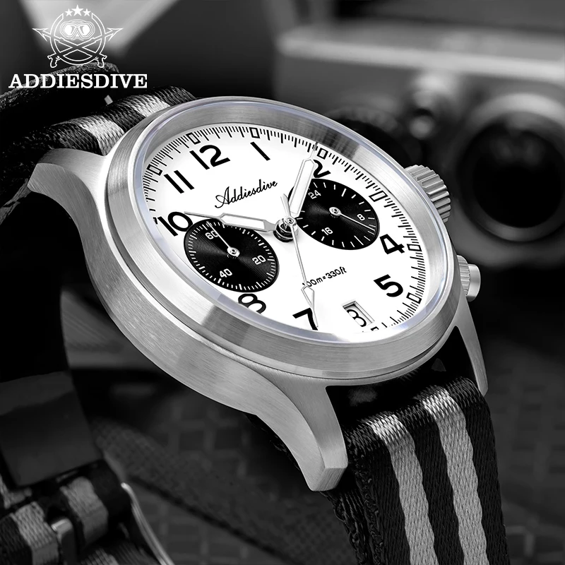 ADDIESDIVE 39mm メンズクロノグラフ クォーツ時計 ナイロンストラップ