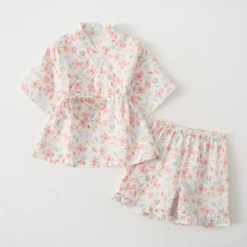 

2024 Summer Girls' Kimono Pajamas Cotton Thin Cute Flower Pattern Printed Girls' Yukata Short Sleeve Sleepwear 2-piece Set LF909